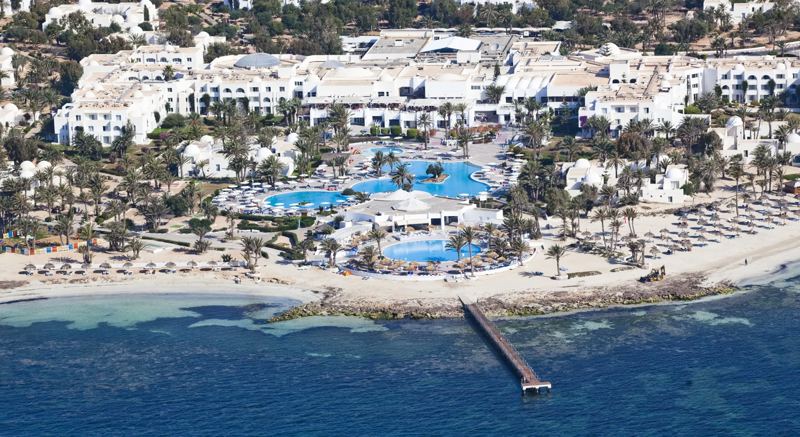 Aerial view of the resort, beach and jetty at El Mouradi Djerba Menzel, Djerba Aerial view of the resort, beach and jetty at El Mouradi Djerba Menzel, Djerba
