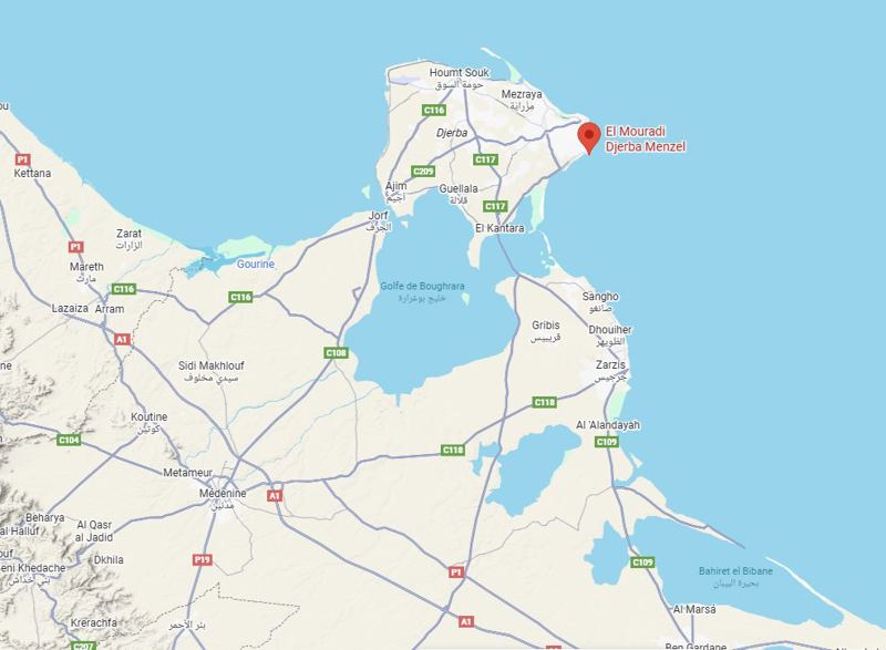 Map of El Mouradi Djerba Menzel Map showing the location of El Mouradi Djerba Menzel