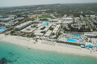 Aerial view of the resort and sandy beach at El Mouradi Club Kantaoui